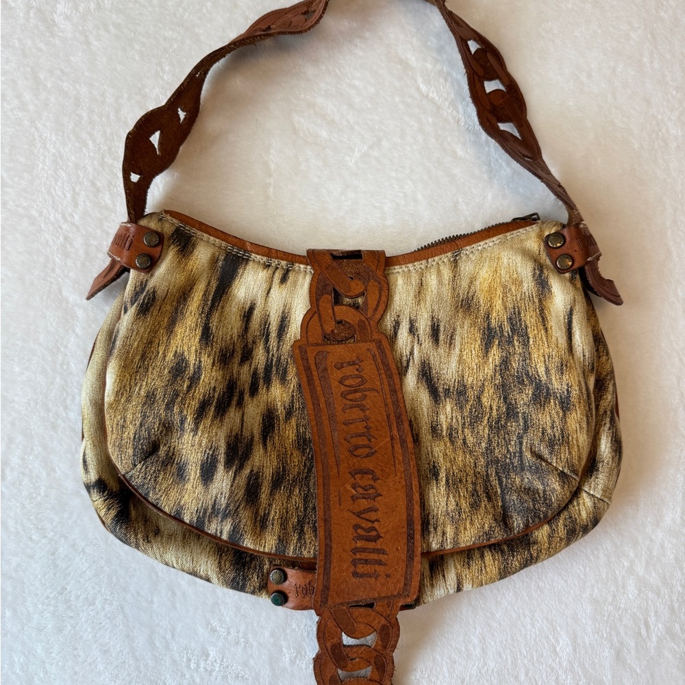 Roberto Cavalli Vintage Brown Leopard Shoulder Bag Leather 2000s Y2K
